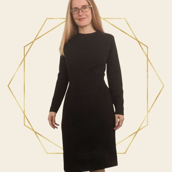 60s Vintage Black Wool Dress Long Sleeve Butte Knit S - Picture 2 of 9